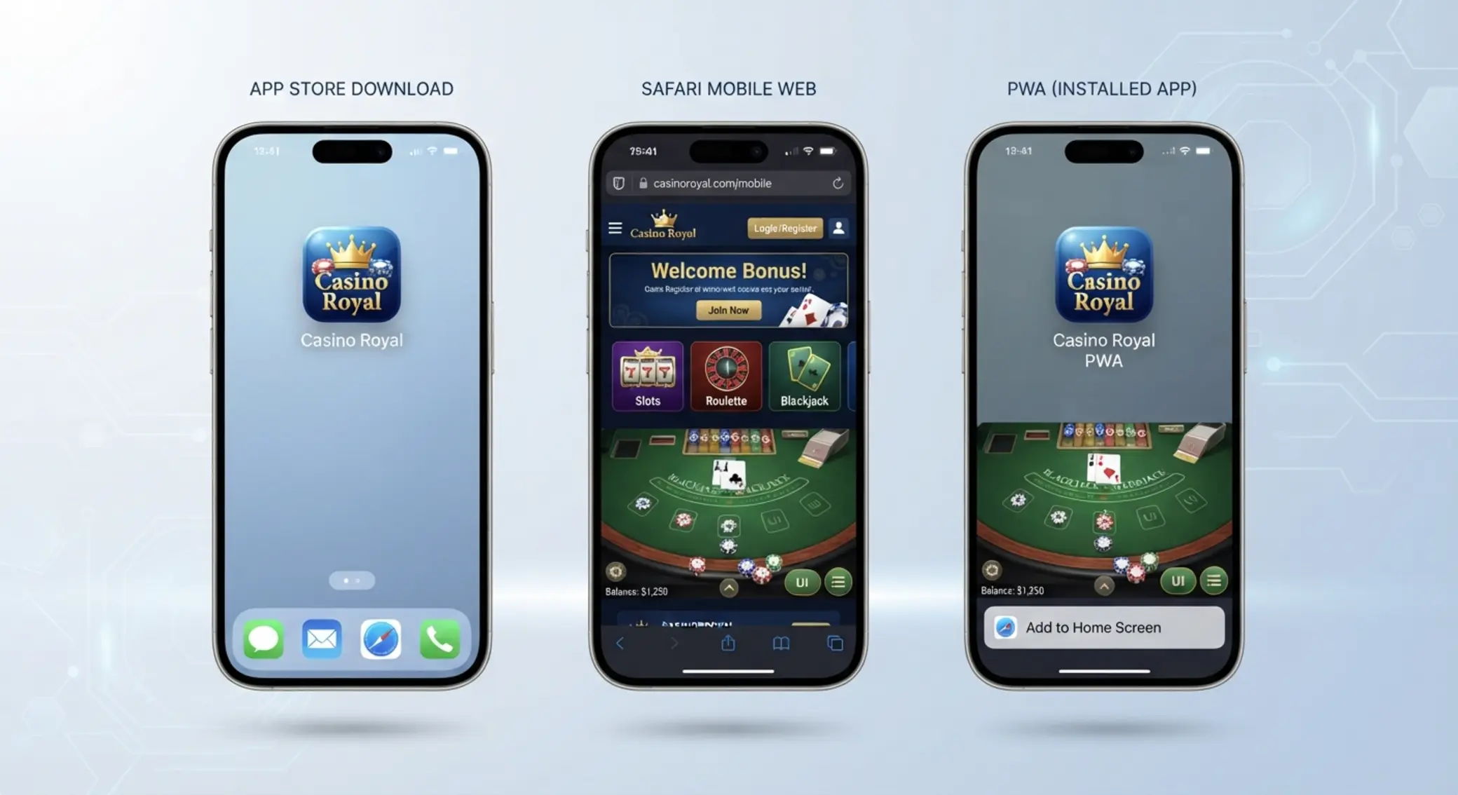 Porównanie App Store, Safari i PWA na ekranach iPhone’a