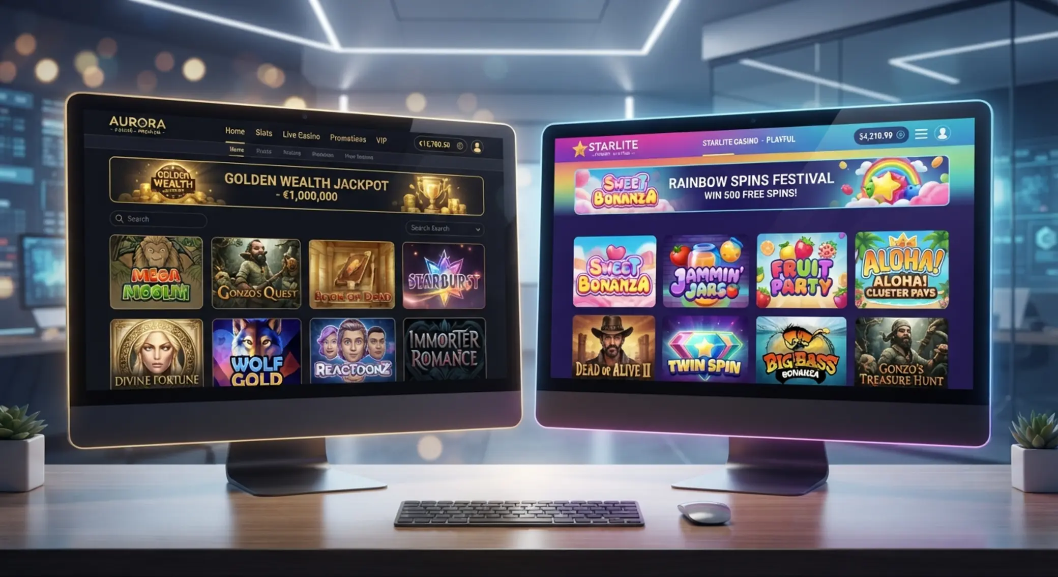 Dwa ekrany kasyn online ustawione obok siebie