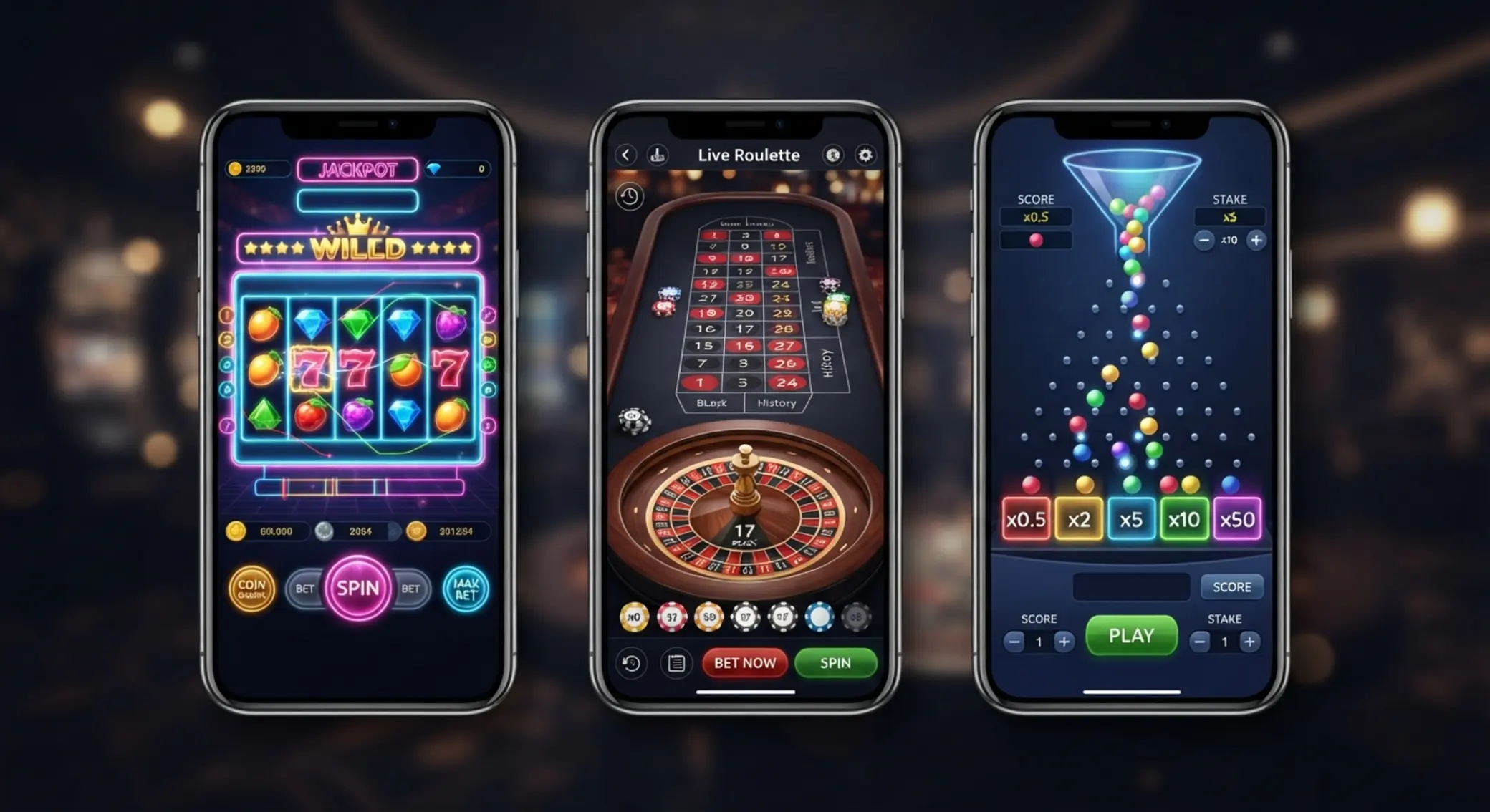 Kolaż gier hazardowych na telefon: slot, ruletka i plinko