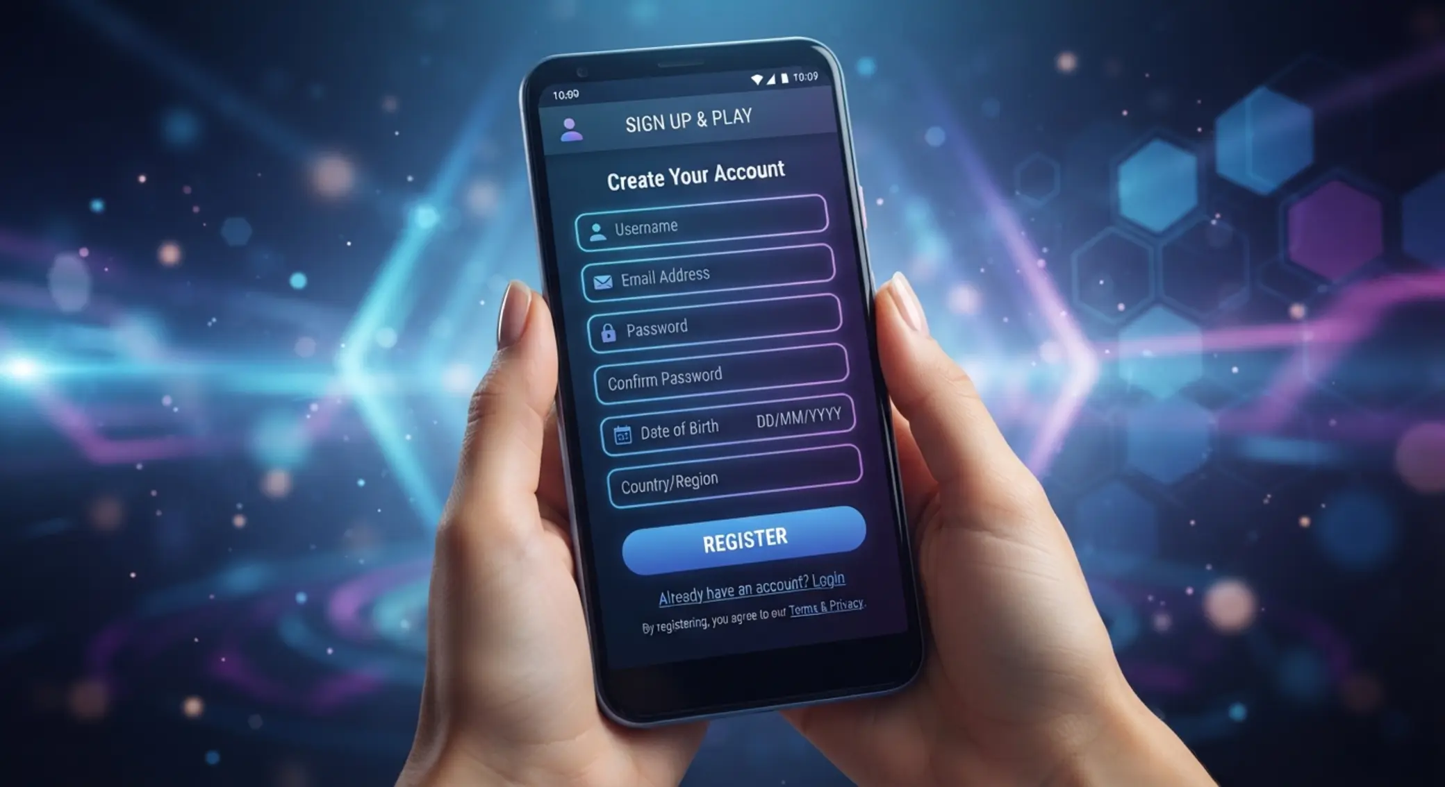 Ekran rejestracji w mobilnym kasynie na Androidzie