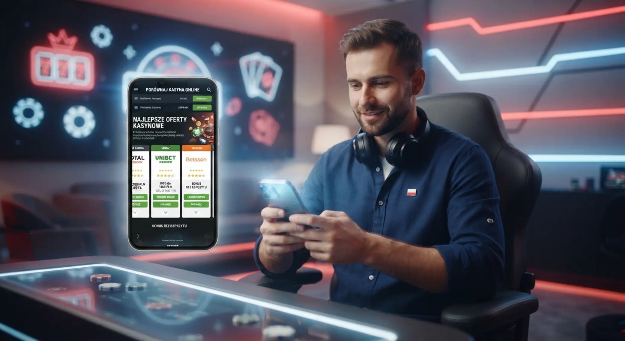 Gracz porównuje oferty kasyn online z BLIK na telefonie