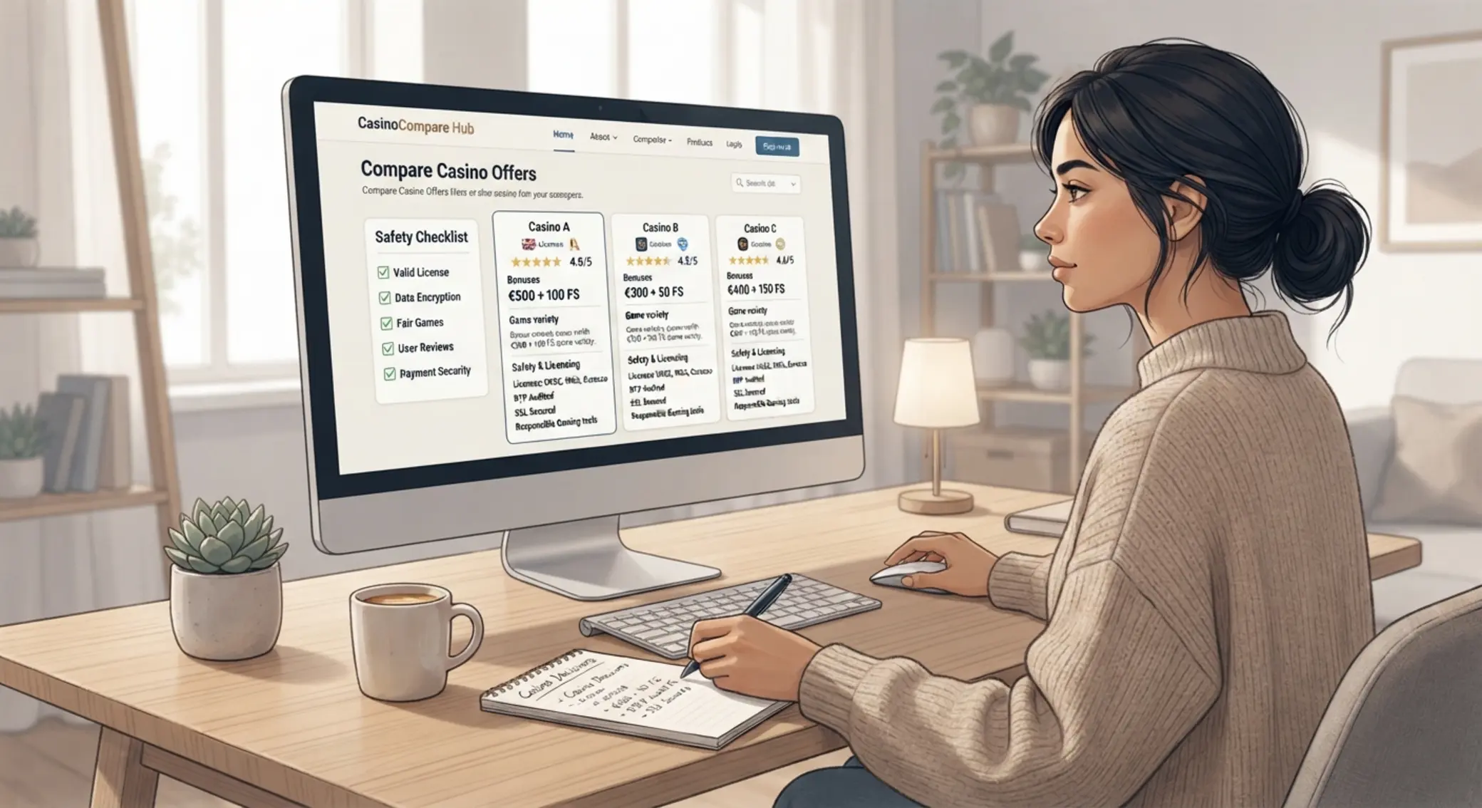 Użytkownik porównuje oferty kasyn online na ekranie komputera
