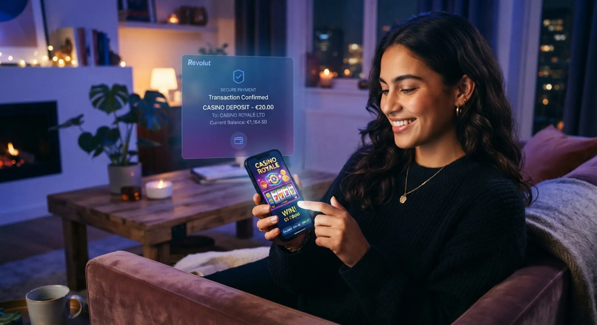 Gracz korzystający z mobilnej aplikacji kasyna i płatności Revolut