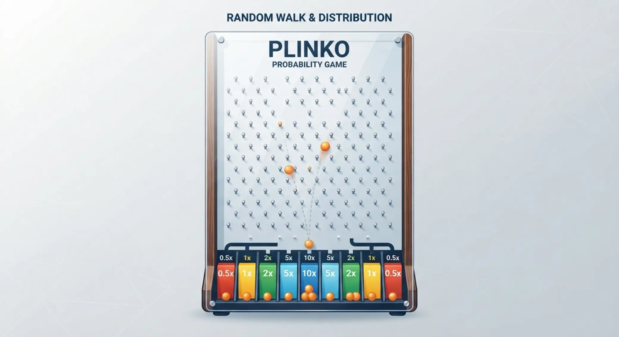 Schemat planszy Plinko z kulką i mnożnikami