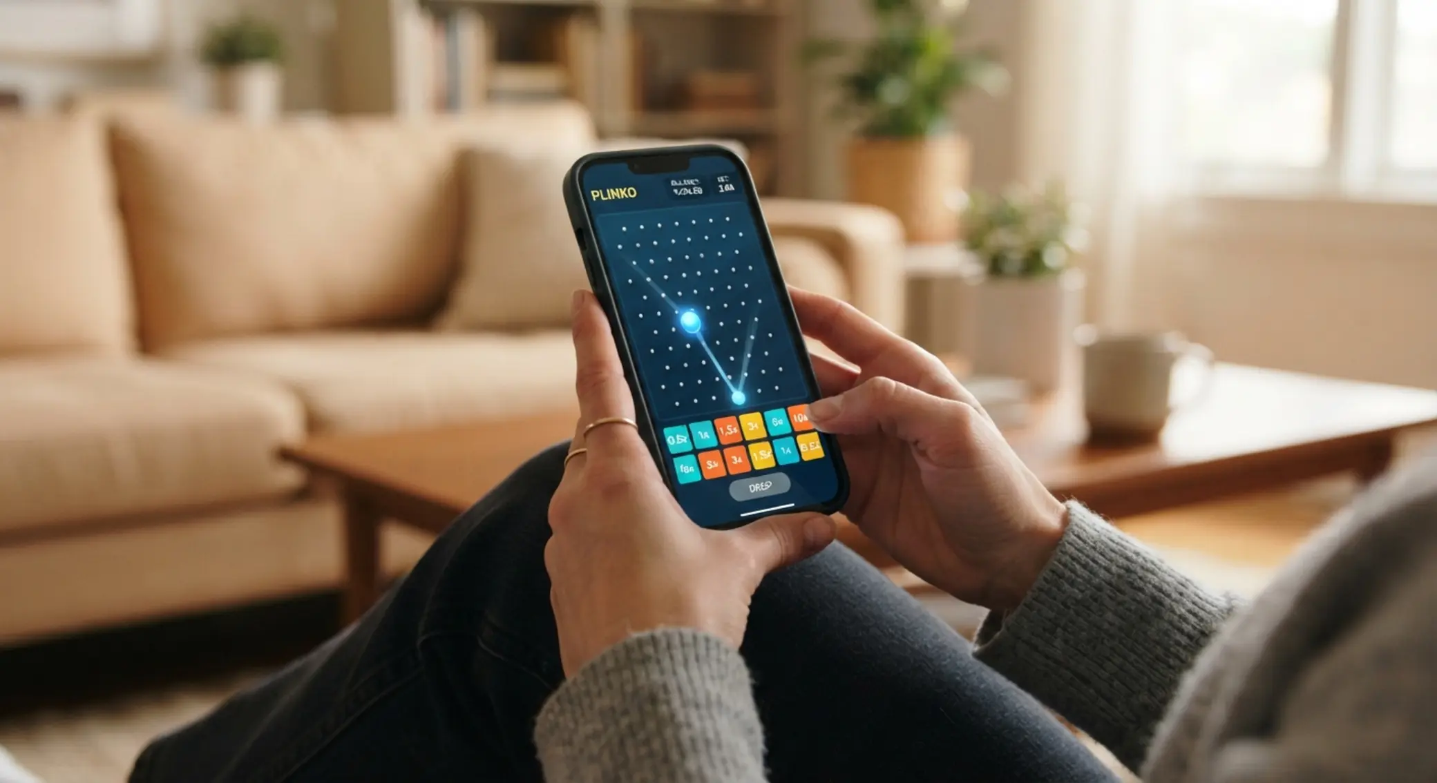 Użytkownik grający w Plinko na smartfonie