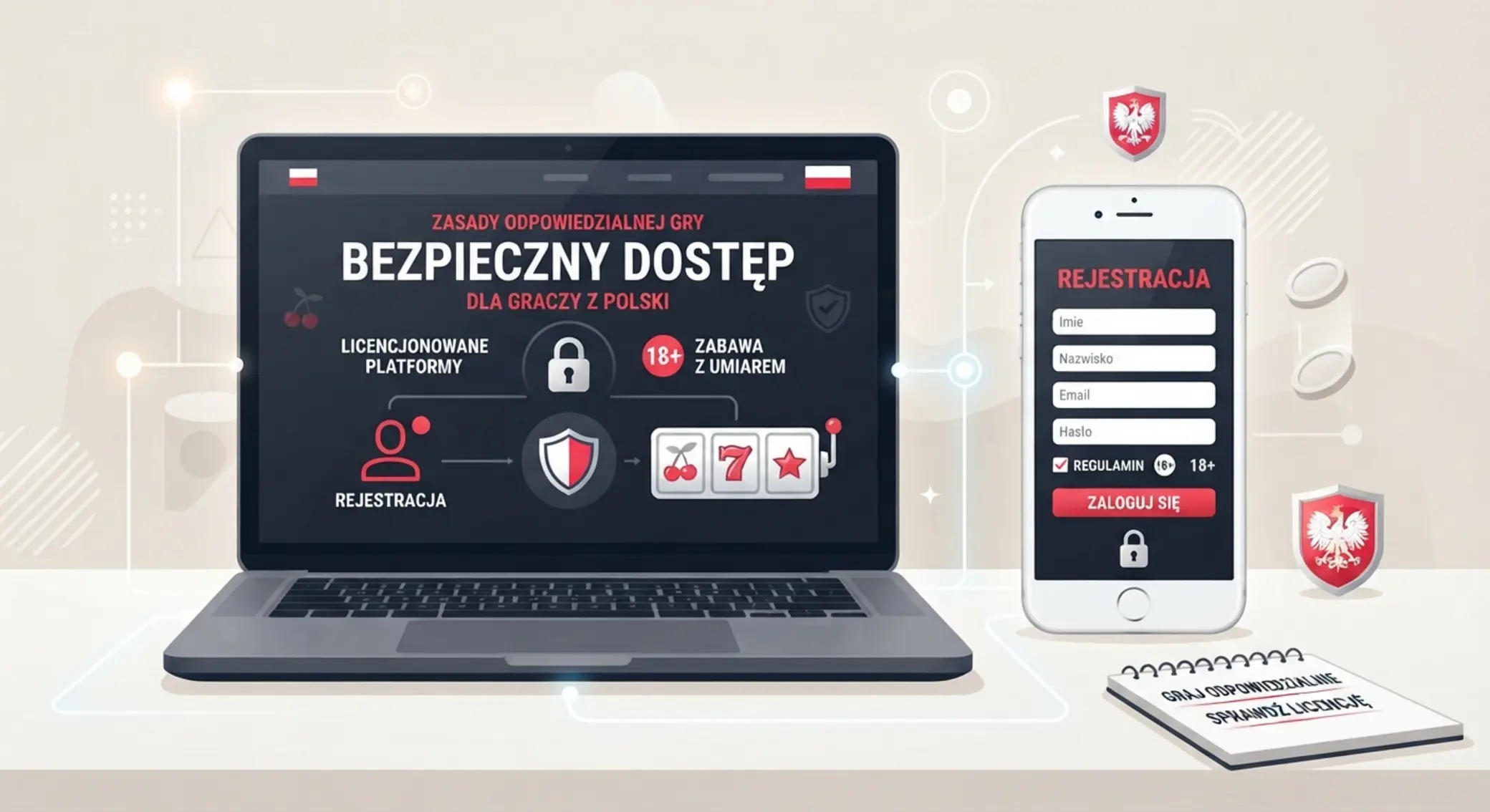 Ilustracja polskiego kasyna online bez depozytu na laptopie i telefonie