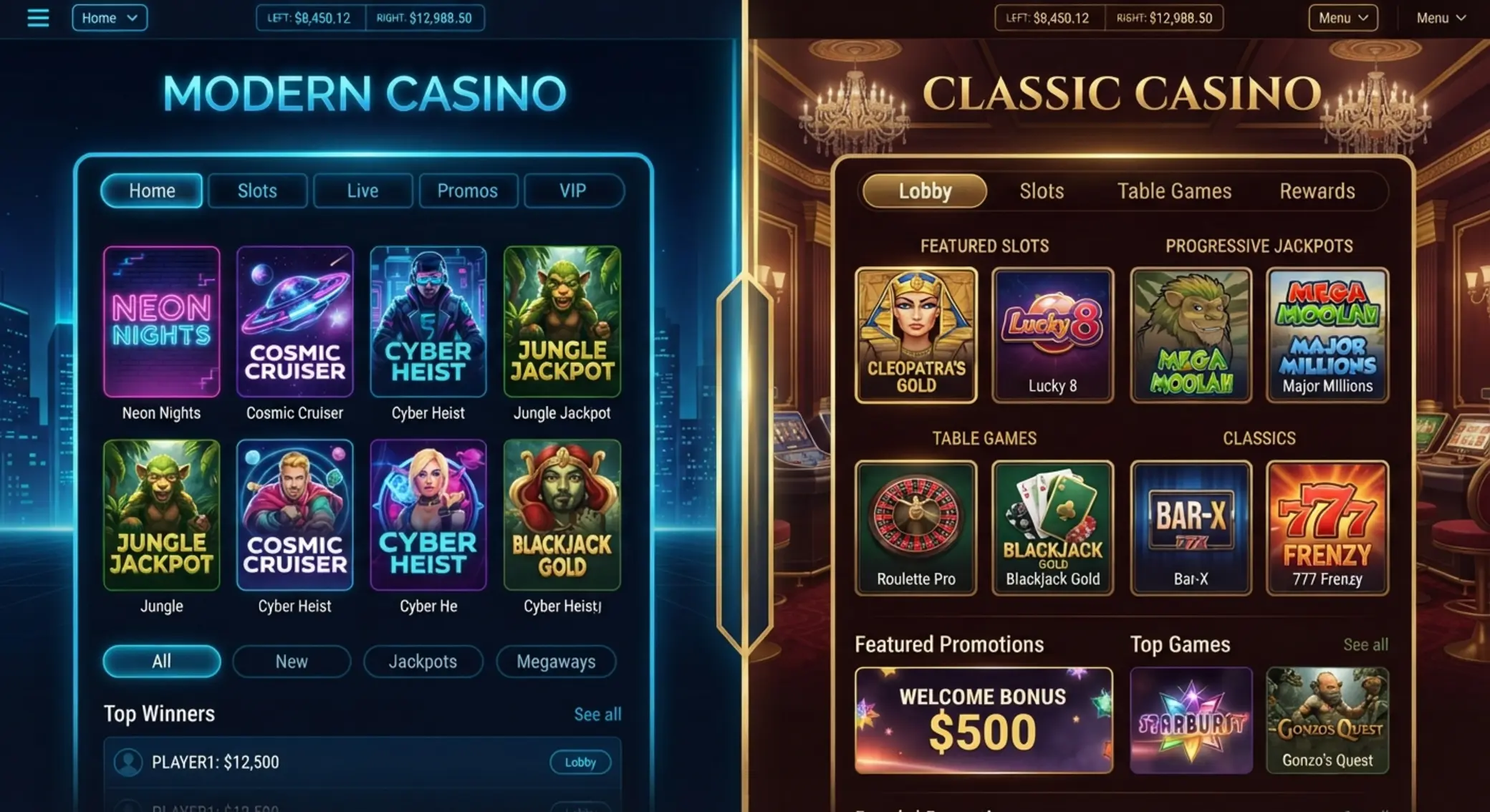 Lobby slotów w dwóch różnych stylach kasyn online